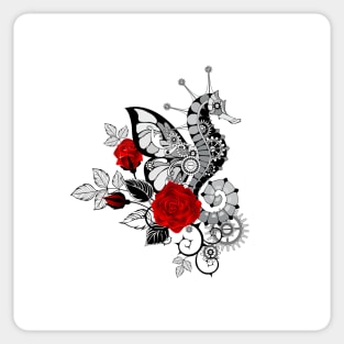 Mechanical seahorse with red roses Sticker